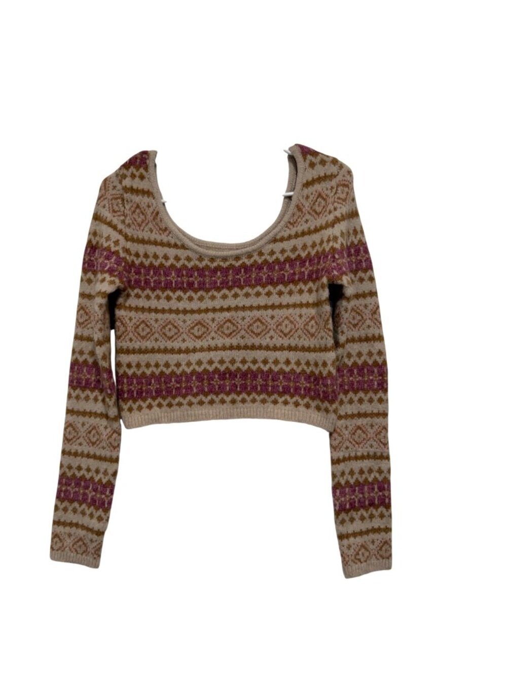 American Eagle Womens Fair Isle Knit Cropped Sweater SZ S Beige-Pink Long Sleeve